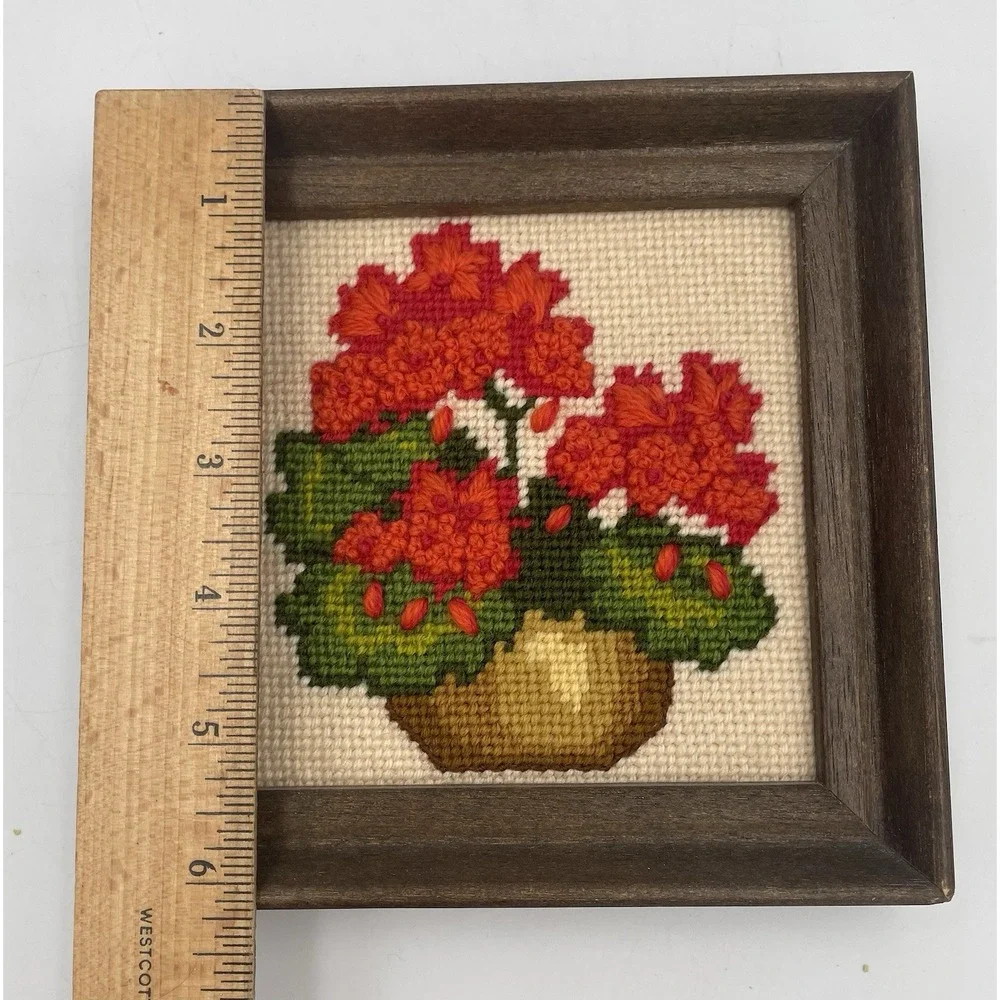 Vtg Floral Crewel Embroidery Framed Wall Art 6 x 6 Cottagecore Red Geraniums MCM